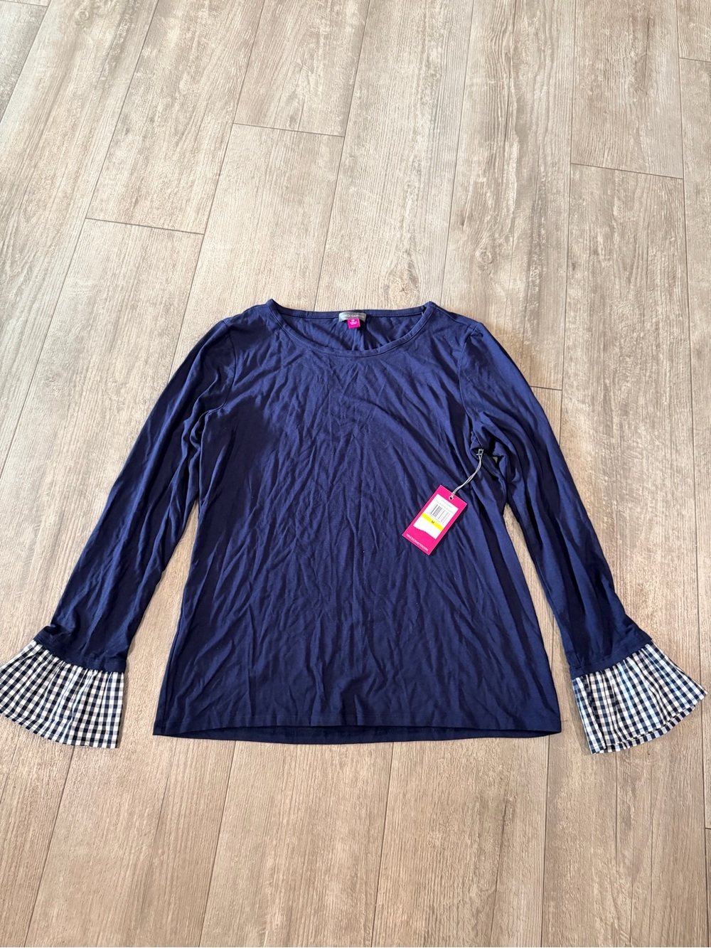 Vince Camuto Navy Long-Sleeve Top with Gingham Ruffle Cuffs